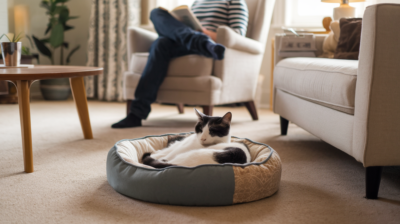 Post-adoption Cat CareA rescue cat comfortably resting in a soft bed, adjusting to its new home with the loving presence of its owner nearby.