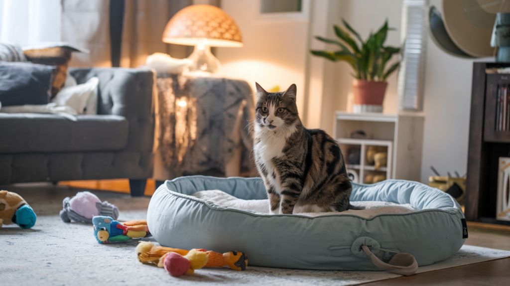 Care for rescue cats: A calm and inviting space designed for a rescue cat, featuring a soft bed and toys, offering comfort and security.