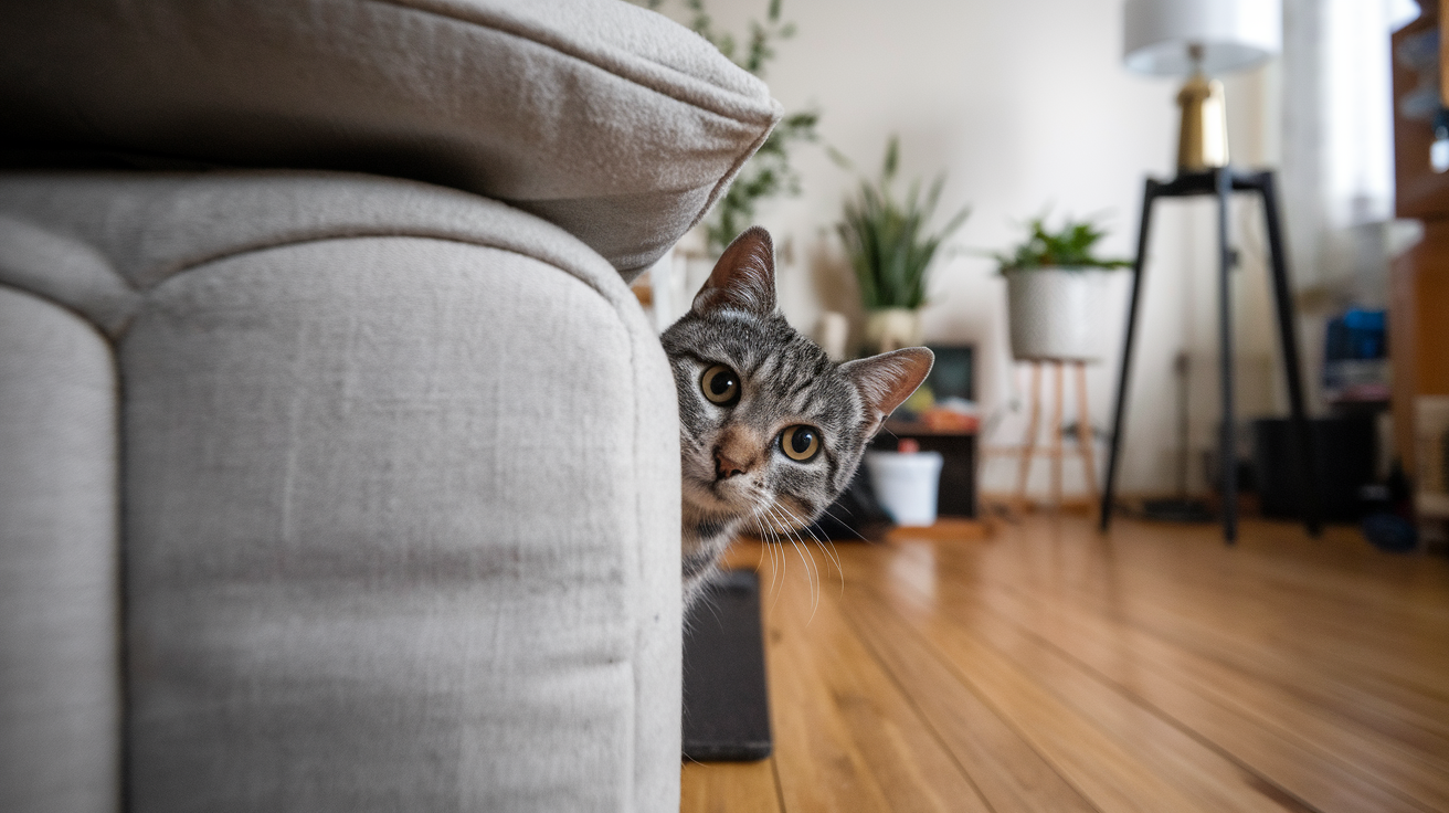 A timid foster cat peeking out from behind furniture, showing her cautious but growing trust.