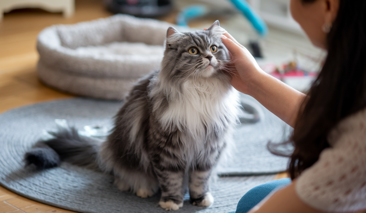 A special needs cat with wobbly legs being lovingly petted by their owner in a cozy, adapted home.