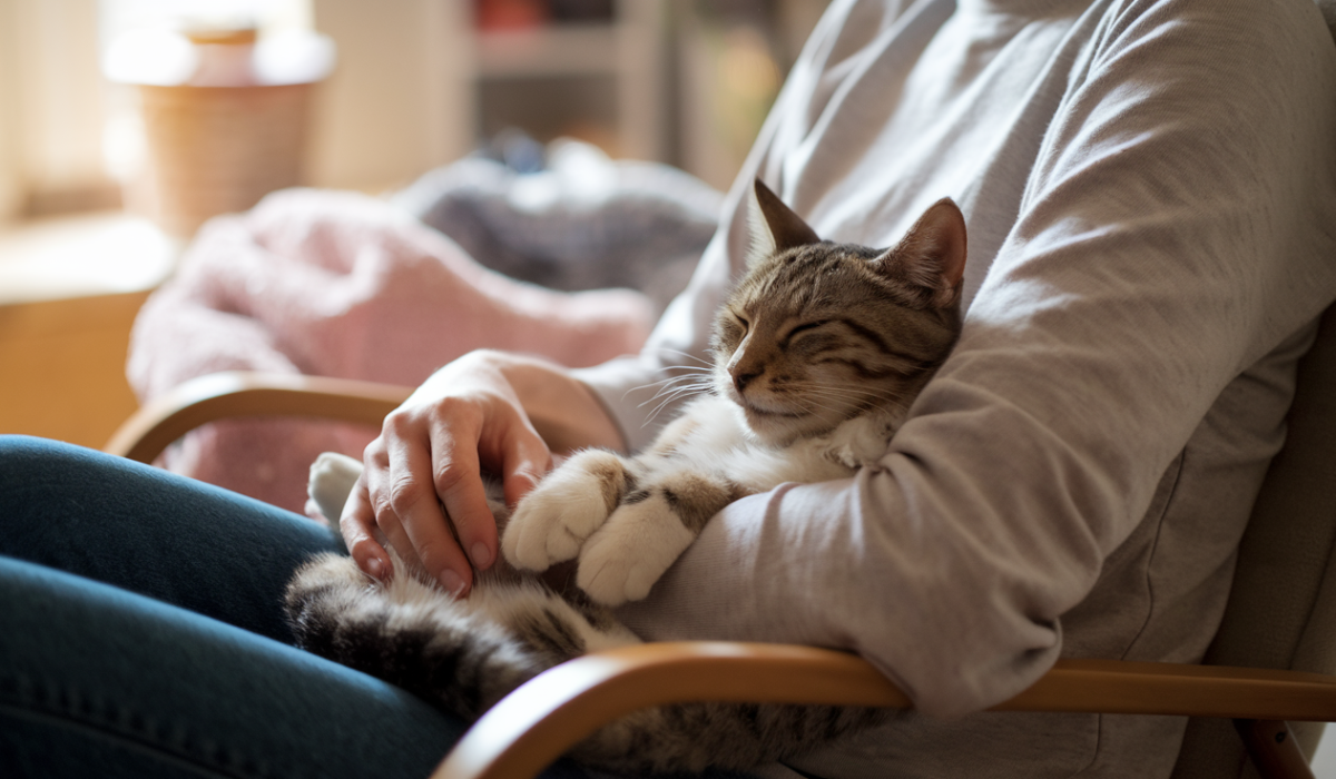 foster a rescue cat: A foster cat cuddling with their caregiver, showing the deep bond formed through patience and care.